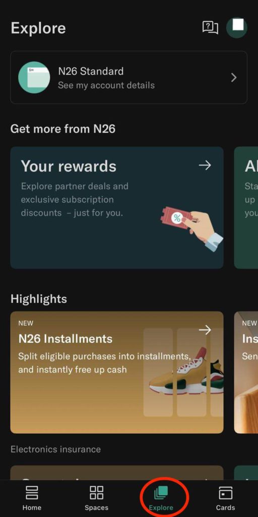 N26 點選下方的「Explore」進入除了網銀之外的功能