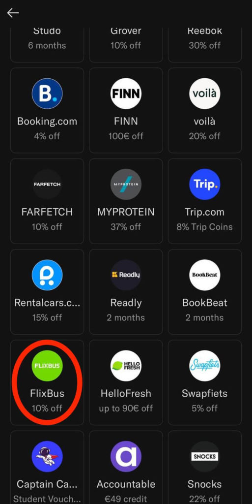 往下滑到「Flixbus」，即可看到 10% off (九折優惠)