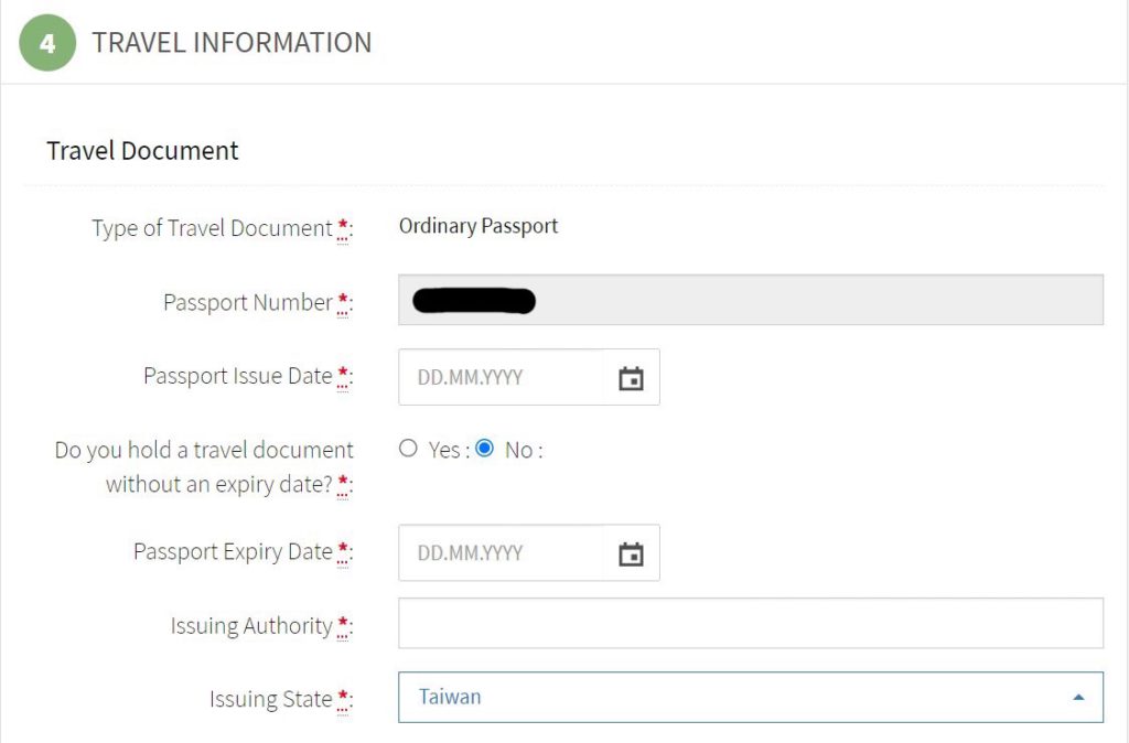Travel Information 需要填 Travel Document, Travel History, Details of your travel