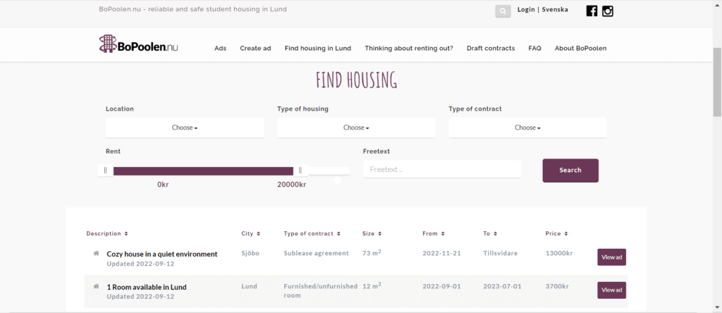 BoPoolen 是隆德大學 Student Unions’ Association 架設的找房網