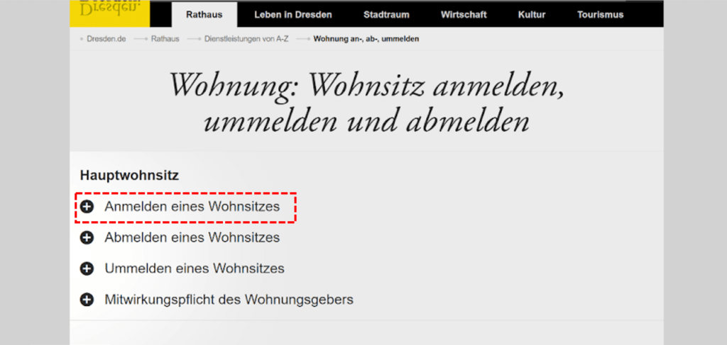 展開 Anmeldung eines Wohnsitzes 選項