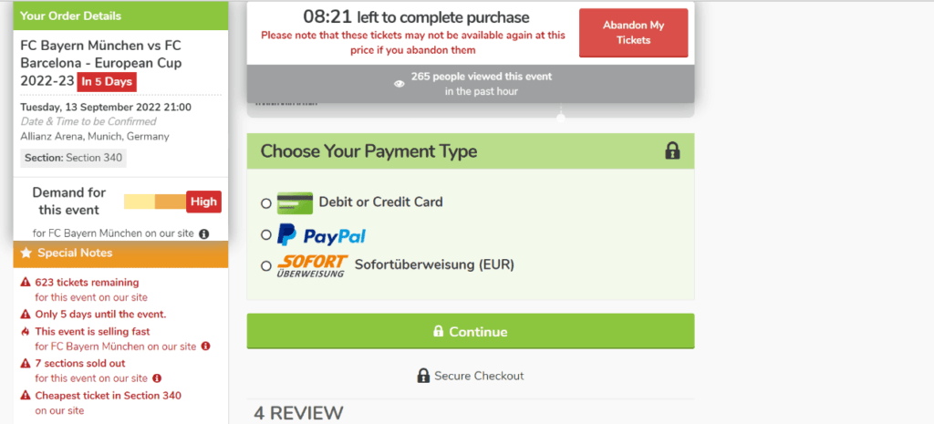 選擇付款方法：DebitCredit Card、PayPal、Sofort (EUR)