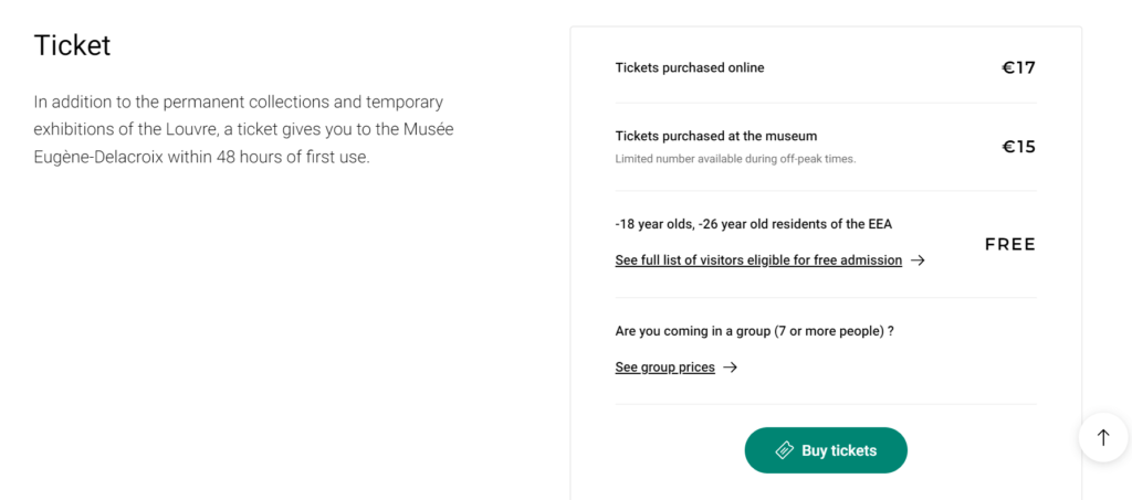 進入羅浮宮購票網站，在 Ticket 欄位，確認自己適用的票種，並點選「 Buy Tickets 」