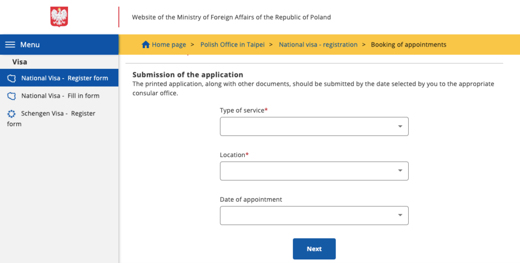 從右邊欄位選第一個 Register form 就可以選擇簽證類型 (Study) 和辦簽證的日期