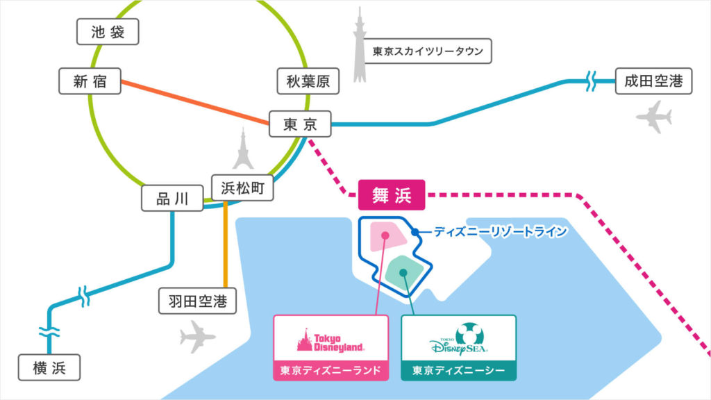 東京迪士尼樂園位於東京京葉線的舞濱站 (舞浜駅／まいはまえき) ，同一站包含 Tokyo Disneyland 和 Tokyo DisneySea 兩座園區和旗下 5 間迪士尼度假飯店