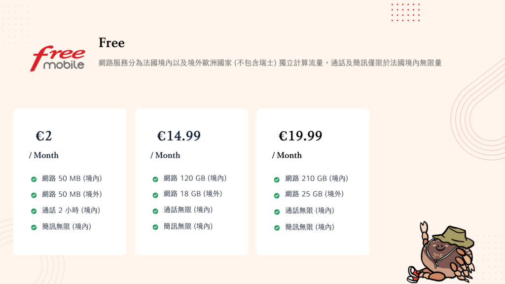 法國門號 行動網路 - Free 訊號可能相較前面介紹的其他電信公司略差，但以價格來說整體 CP 值最高，算是這幾年興起的熱門選擇