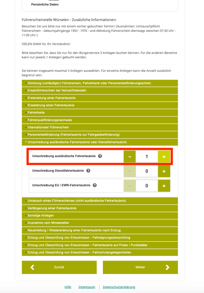 選擇 Umschreibung ausländische Fahrerlaubnis & 選擇好日期、填寫個人資料即預約完成