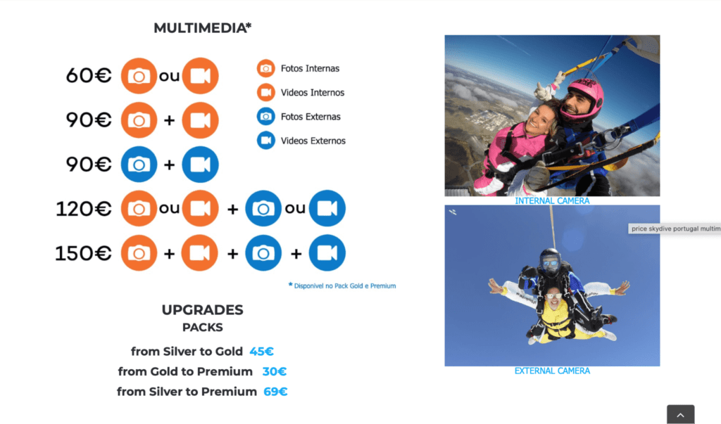 此跳傘價位不包含拍照及錄影服務，以 Skydive Portugal 為例，其加購價位從 60 至 150 歐元不等，根據價格又分為內部、外部視角與照片、影片服務