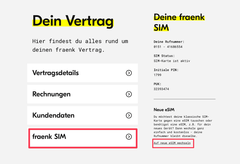 選擇「fraenk SIM」 → 點擊「Auf neue eSIM wechseln」