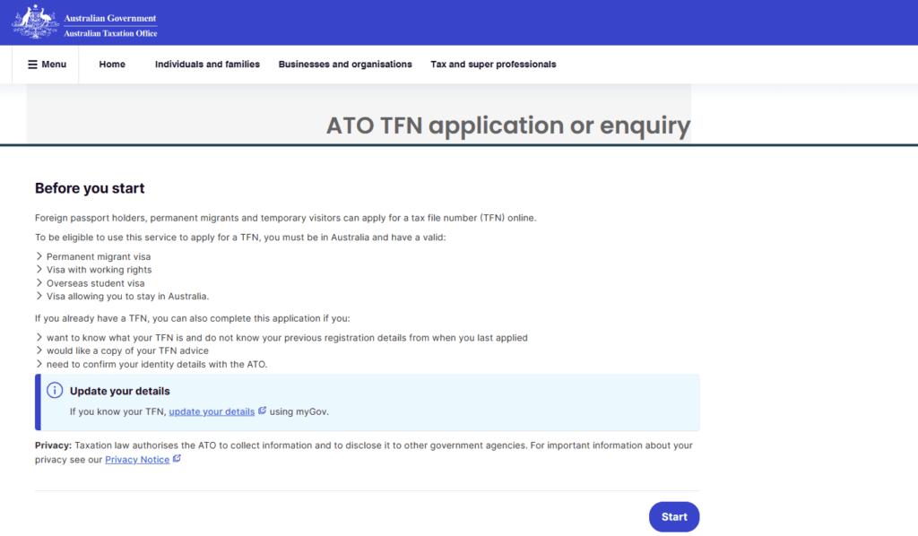 線上申請澳洲稅號 (Tax File Number，TFN)