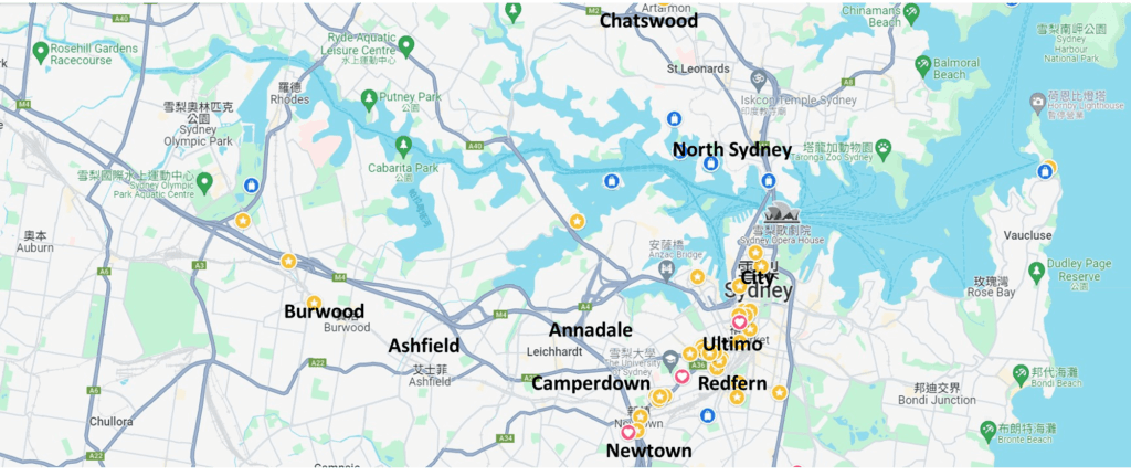 如過你也預計來雪梨大學就讀的話，下面是雪梨大學與其周圍的地圖。通常學生們會偏好居住在學校附近的區域像是 Camperdown、Ultimo、Redfern、Newtown、Annadale 等