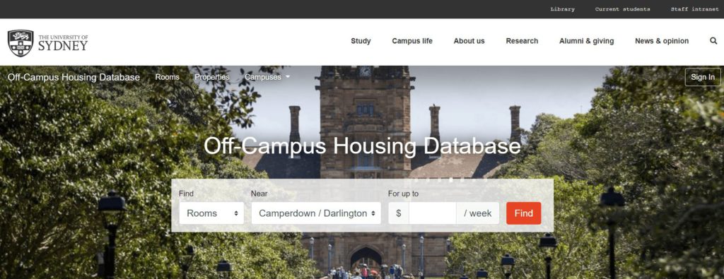 許多學校也願意提供管道刊登校外的租屋資訊 (off-campus)。附圖為雪梨大學的校外租屋資訊網站，筆者的第一份澳洲租約也是從學校提供的房源中找到