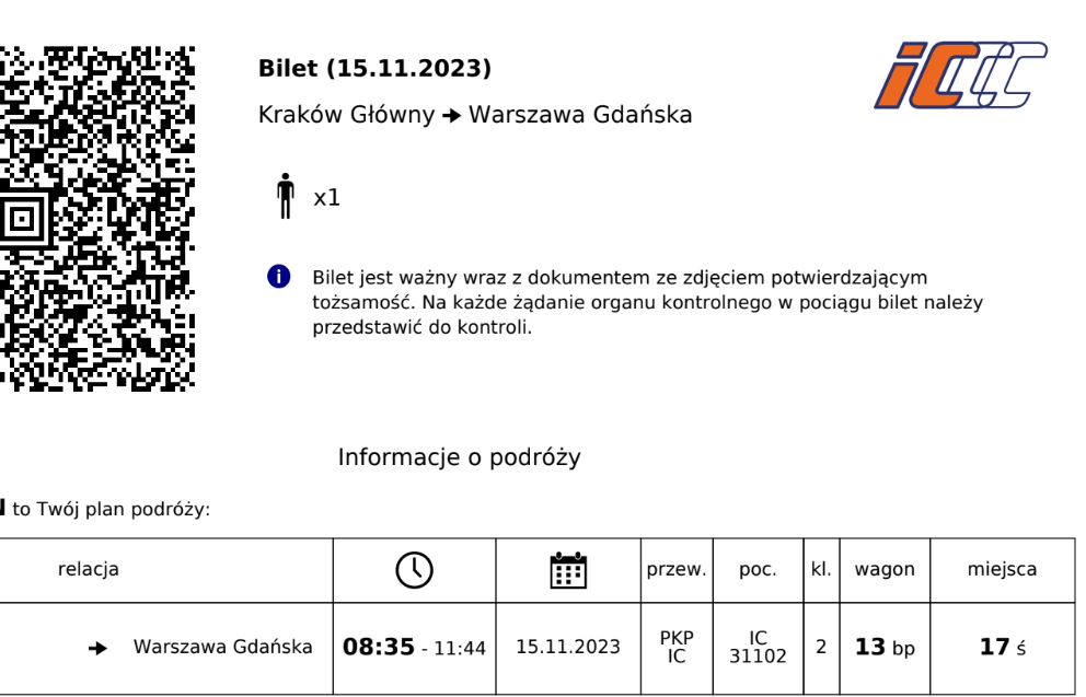 PKP Intercity 訂票完成後，會將訂購訊息以及車票寄到信箱中，列車上如果有人來查票，就要出示上面的 QR Code，如果已經有下載 App 並登入會員