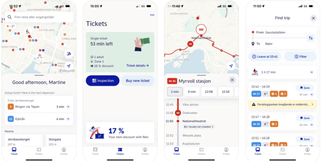 奧斯陸市區，最常見的交通工具為地鐵 Metro (T-bane) 與電車 Tram (Trikk)，都是以橫跨的區域數量計算 (主要的觀光景點多在 zone 1) - 建議下載 Ruter app
