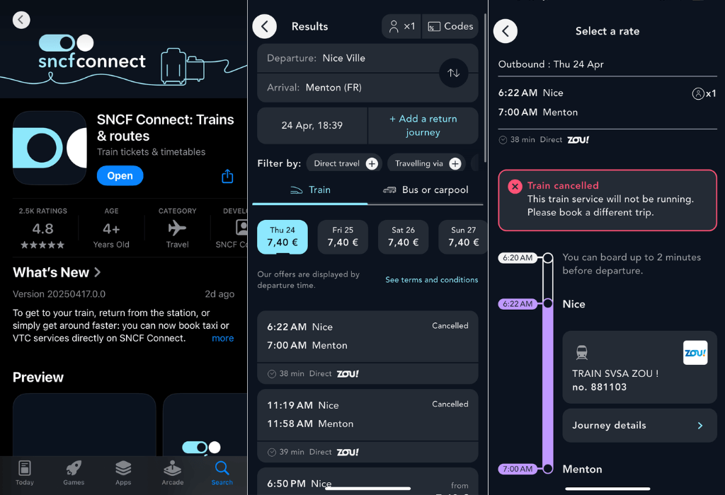 透過 SNCF Connect 可查詢南法火車班次與即時動態(南法火車經常誤點或臨時取消),也能直接進行購票。