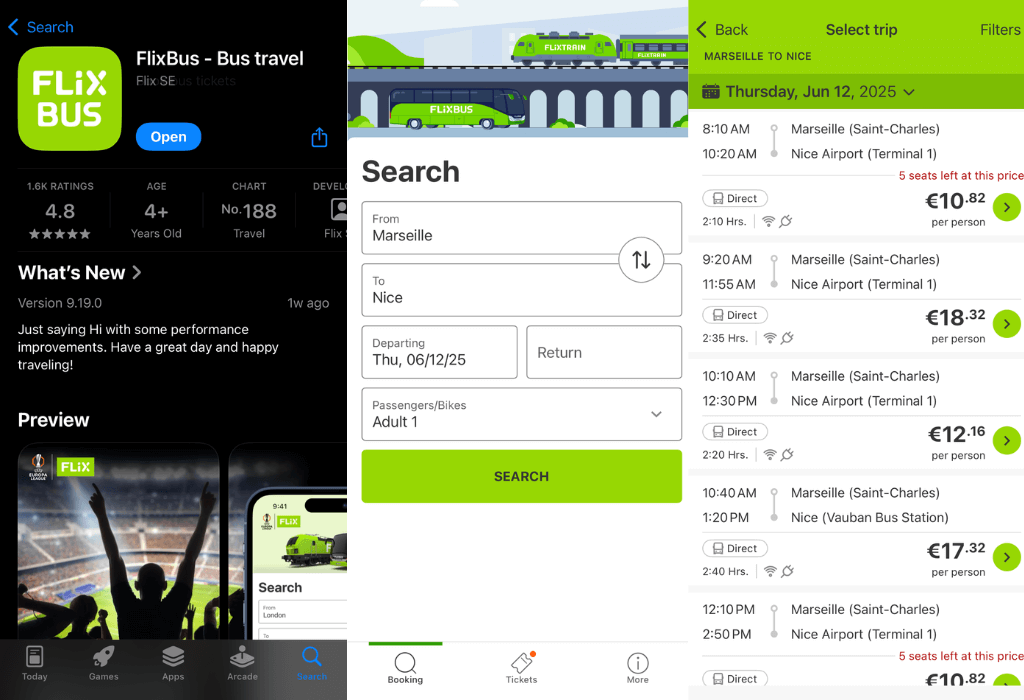 馬賽前往蔚藍海岸(例如尼斯)的火車票,有時會超過 40 歐元,而在 FlixBus 上常能找到約 10-20 歐左右的選項