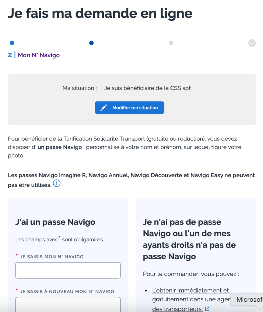上傳 CSS 文件與前一步驟申請的 Navigo Passe 交通卡號即完成申請流程