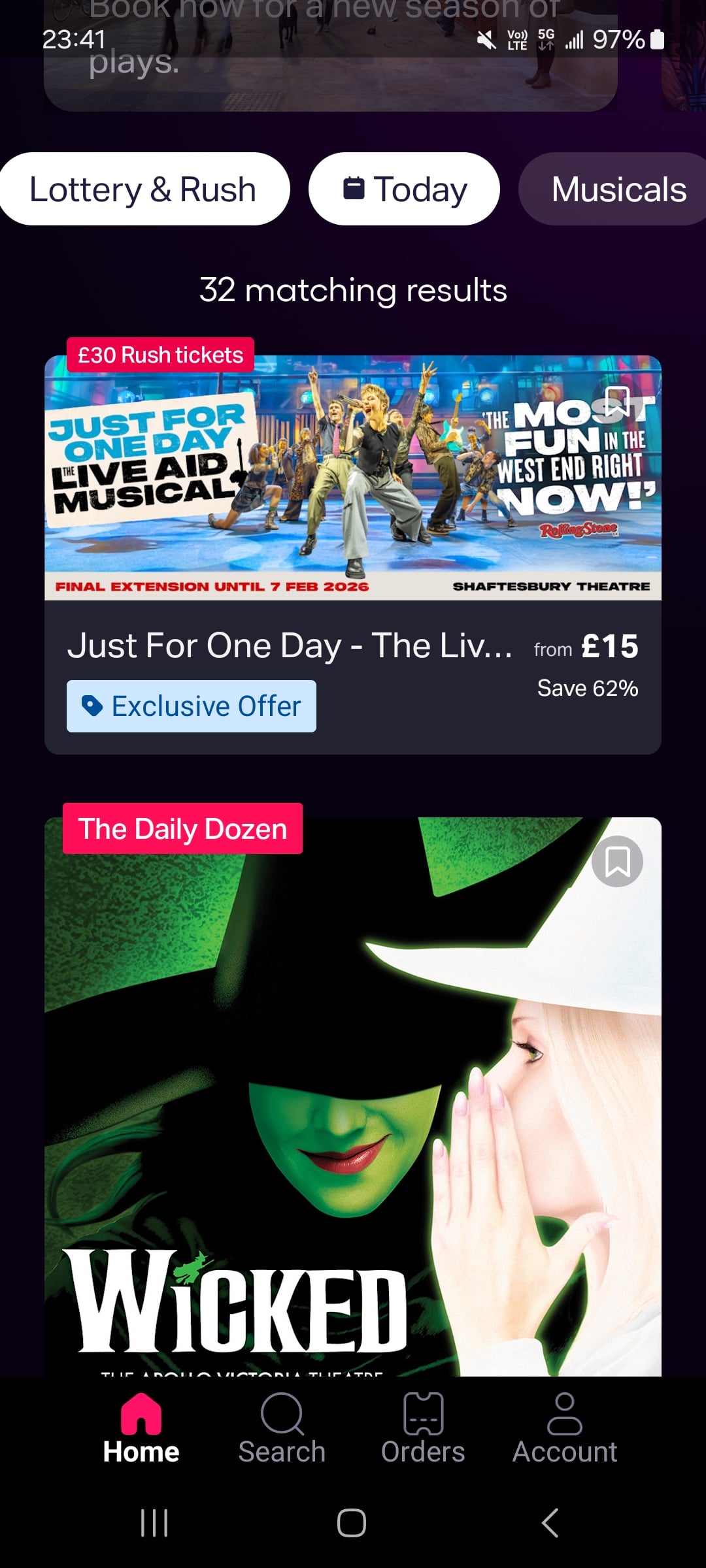 步驟 1：打開 todaytix app，勾選