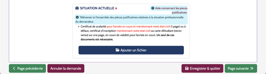 第二個資料上傳區(SITUATION ACTUELLE) 是上傳法國學校的錄取通知書或是註冊證明(例如學生證)