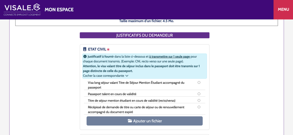 Étape 4 需要上傳你已經準備好的文件。學生身分的人在第一個資料上傳區(ETAT CIVIL) 點選Visa long séjour…的這選項