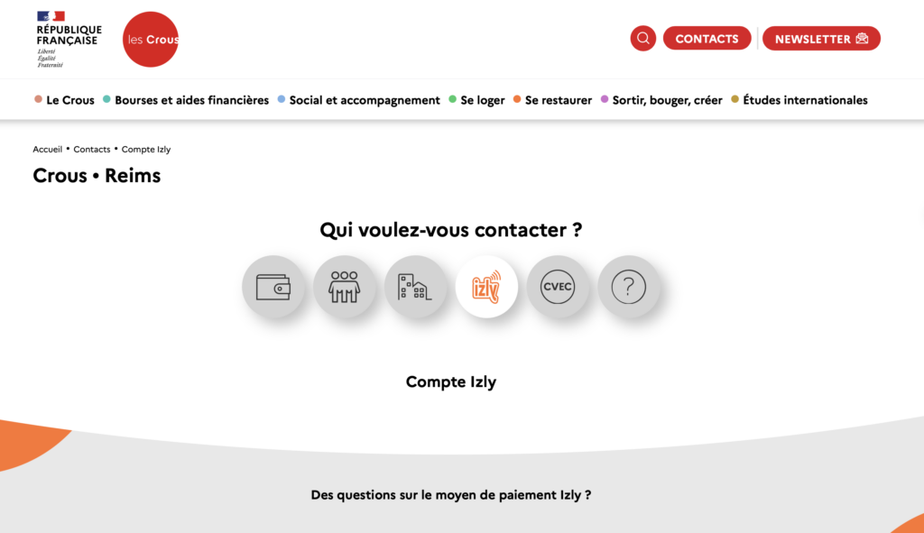 例如筆者所在地是 Reims，直接搜尋：CROUS Reims Compte Izly，通常就可以找到該地區 CROUS 的 Compte Izly 聯絡頁面